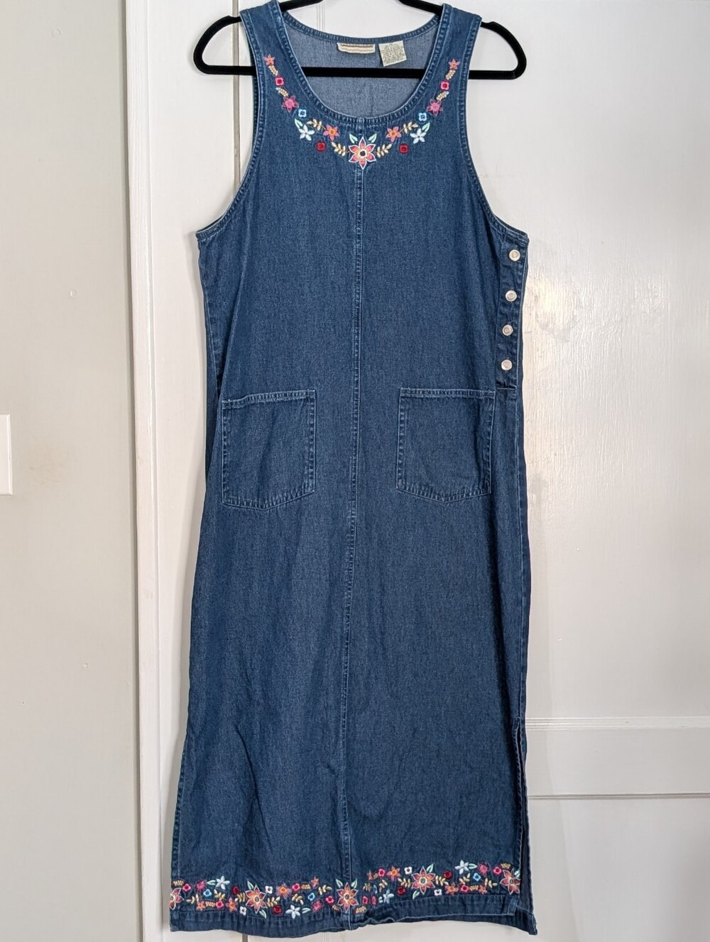 Vtg y2k Expressions Denim Maxi Dress Embroidered Floral Sz M Cottagecore Jumper